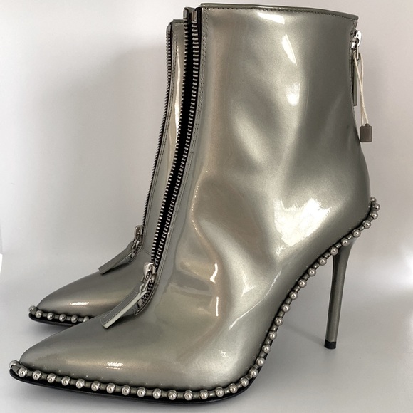 ALEXANDER WANG Eri Studded Metallic patent-leather ankle Boots New - Picture 8 of 13